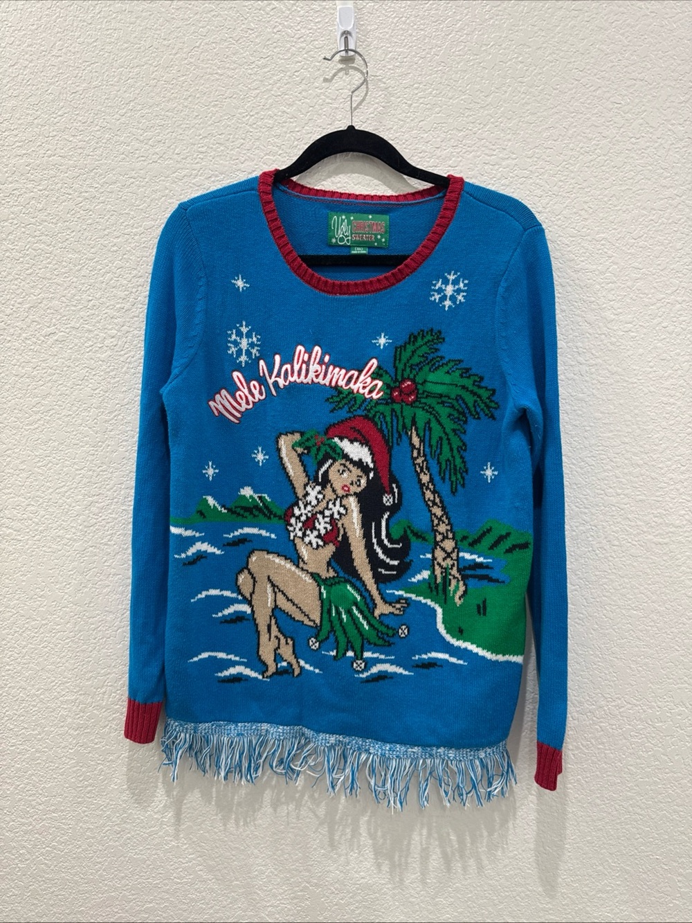Ugly Christmas Sweater M Mele Kalikimaka Hawaiian Hula Girl Fringe Knit Pullover
